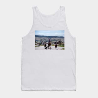 Woman Riding Horse With 3 Dogs and 2 Horses Tank Top